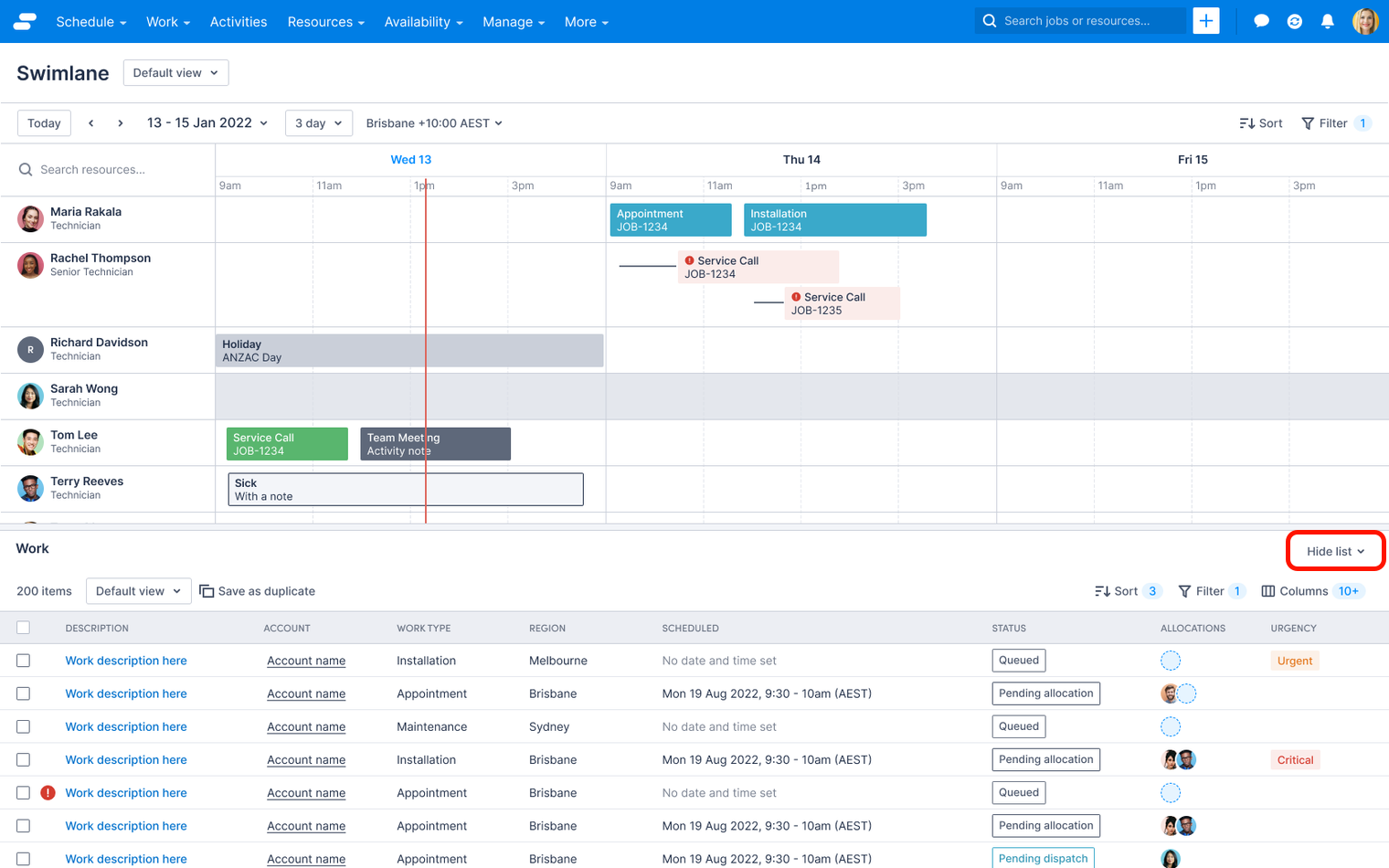 The swimlane with the option to hide the Work list highlighted.